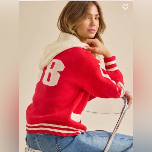 Altar'd State Red and Cream Varsity Knit Cardigan - Picture 3 of 7